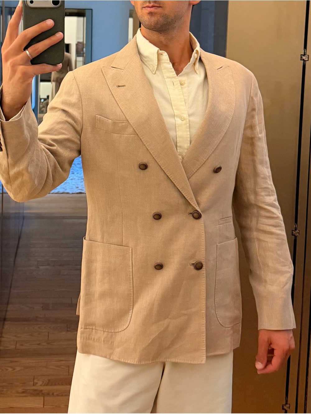 Brunello Cucinelli Double-Breasted Linen Blazer in Beige